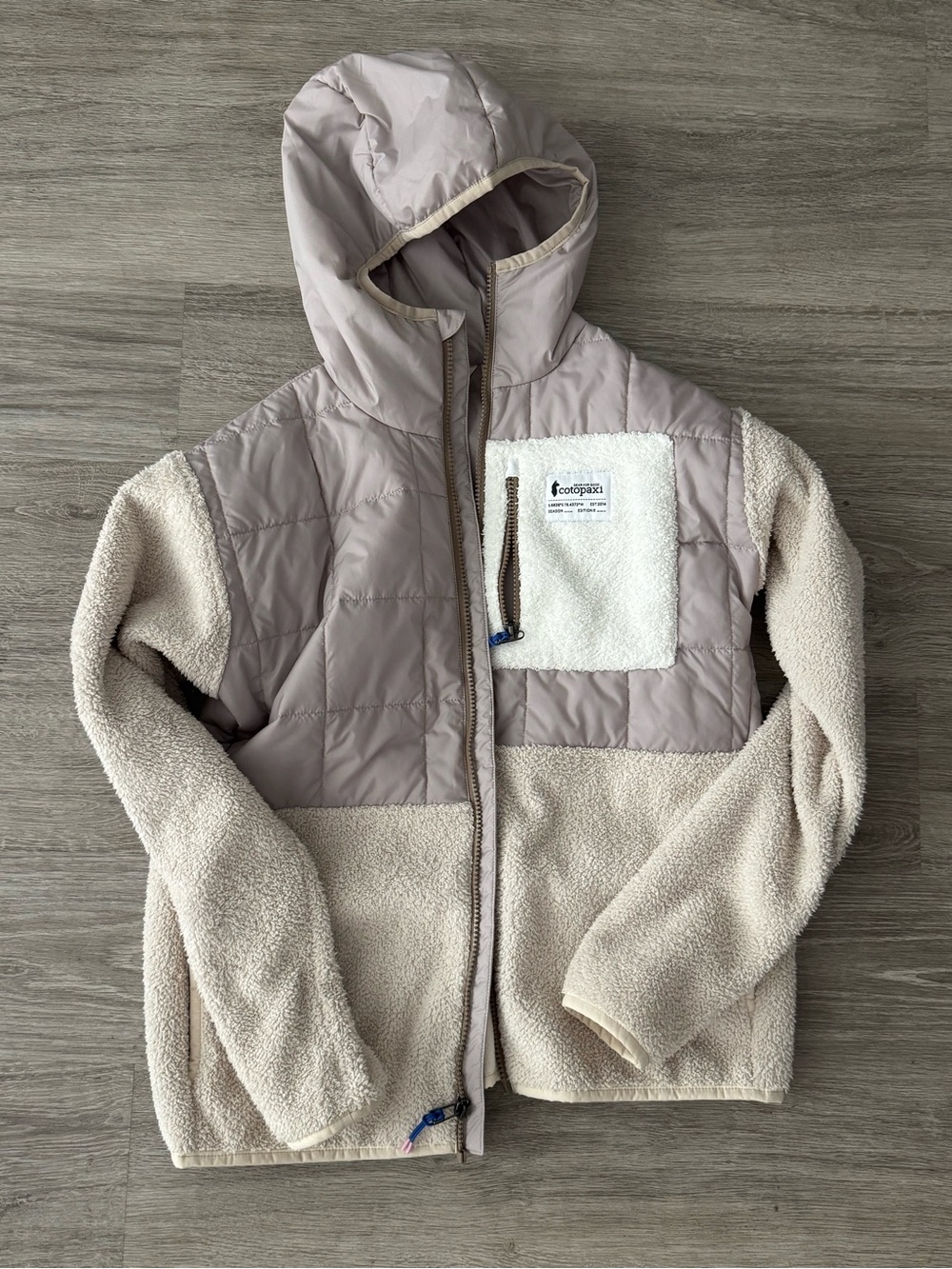 cotopaxi Hooded Puffer & Sherpa Jacket in Light Beige